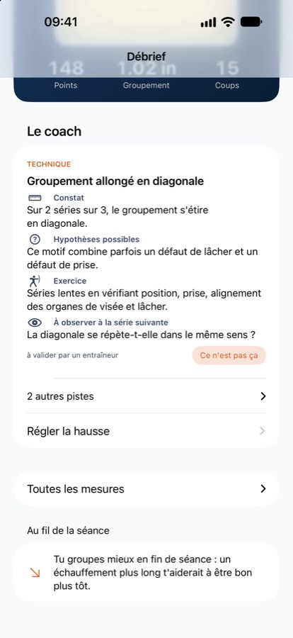 Débrief : le coach explique le défaut observé et propose un exercice.
